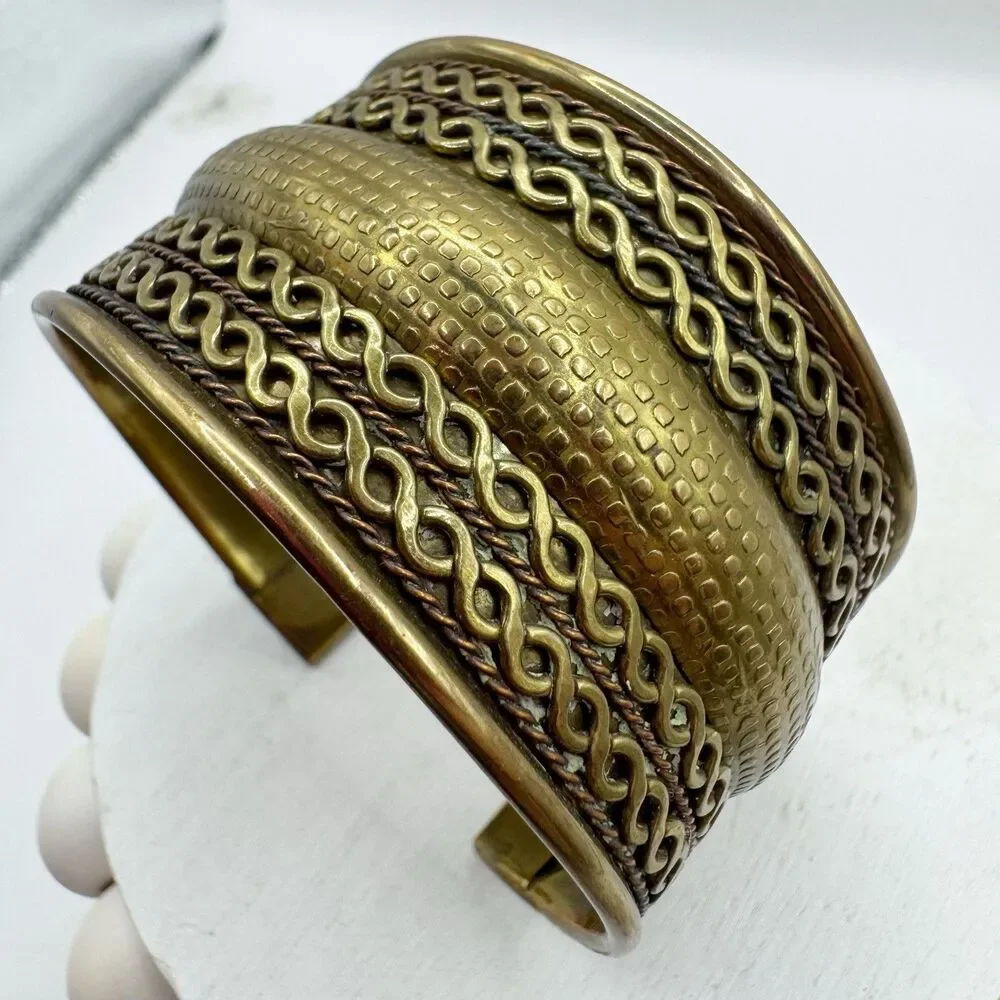 Brass Cuff Bracelet Rope Textured Brass Copper Wide Bohemian Boho